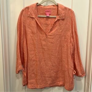 ISSAC MIZRAHI 100% Linen Loose Comfort Pink Coral Tunic Shirt Size Large